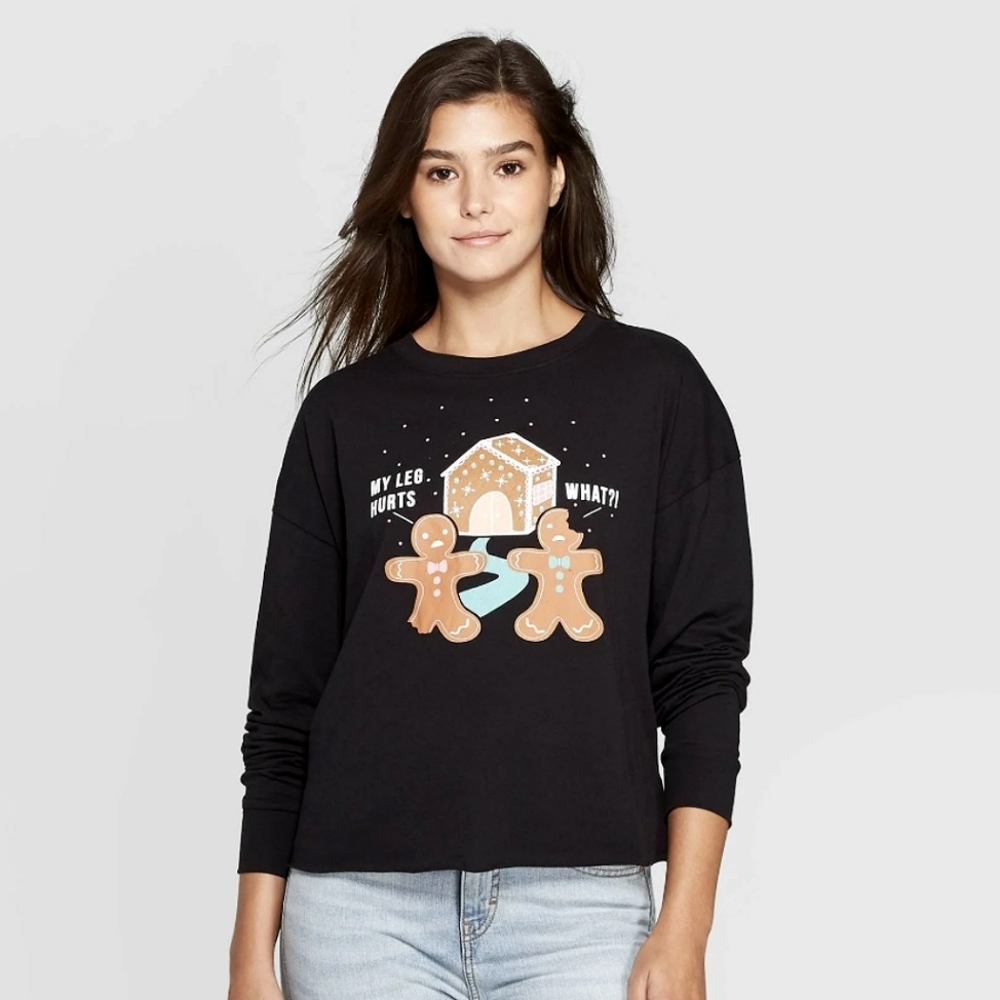 Black Long Sleeve Gingerbread Cotton T-Shirt Christmas Fifth Sun Women's X-SMALL